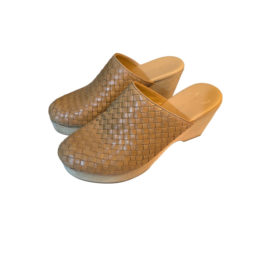 Everlane Woven Leather Clogs Women 8M Tan Wood Platform Wedge Mules Brazil